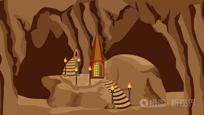 地下洞穴景观背景卡通或冒险幻想游戏资产的水平设计地下城市的黑暗