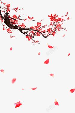 梅花花瓣古风红色梅花和漂落的花瓣高清图片