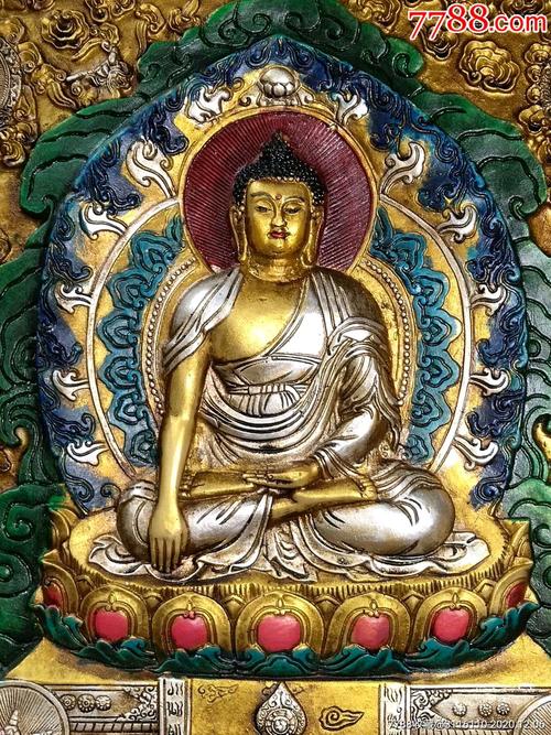 旧藏西藏唐卡佛像木框彩绘唐卡大背光释迦如来佛一尊恭请供奉家居装饰
