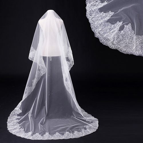 长款拖尾单层3米薄款白色头纱 新娘结婚头饰欧美蕾丝头纱 可定制
