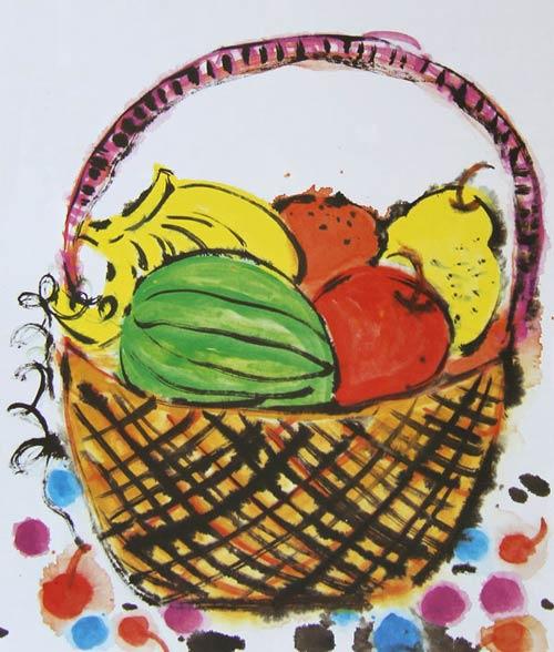 儿童画水粉画作品一篮水果
