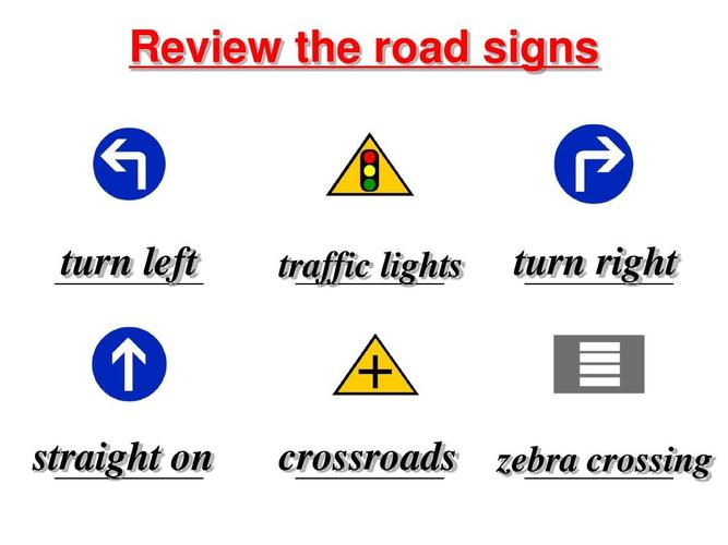 review the road signs turn left traffic lights turn right