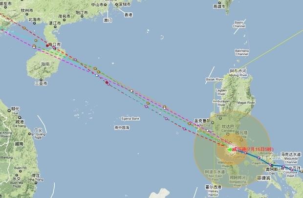 这是最近一次台风 威马逊的路径图,预计到海口的时间为7月18日,具体请