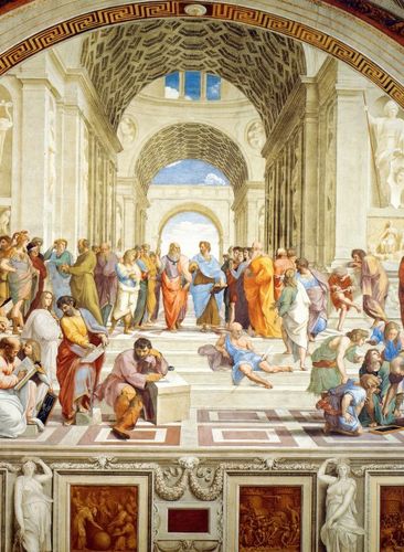 正中央两位面对面的人是柏拉图(左)与亚里士多德(右)爱奥尼亚人泰勒斯