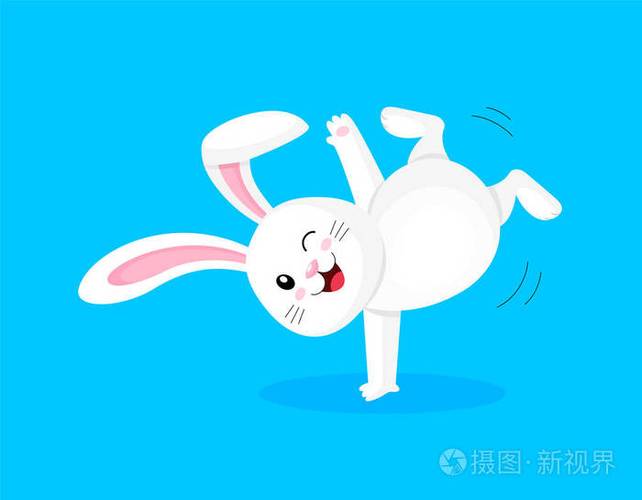 白兔做了一个翻筋斗跳跃和跳舞可爱的兔子复活节快乐卡通人物设计在