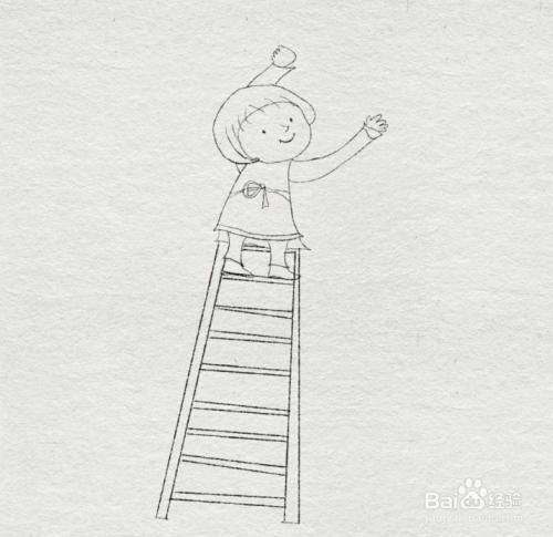 在小女孩的脚下画出一张长长的梯子,能爬那么高来粉刷是很需要