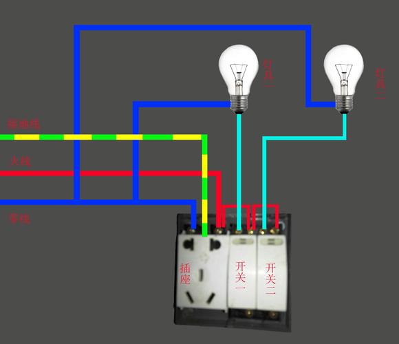 求双联开关和一个插座的接线图,要求双联开关各控制一盏灯,插座接在