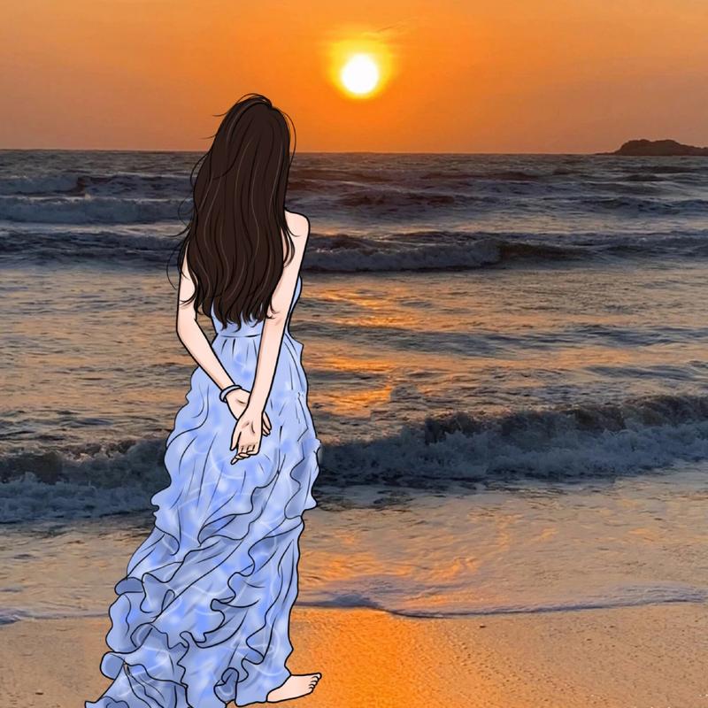 海边女生背影头像|手绘