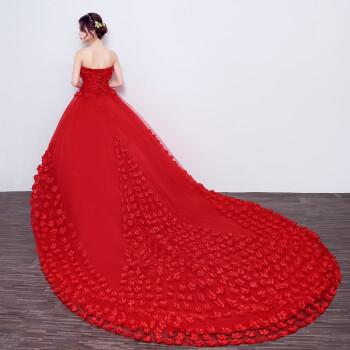 红色婚纱礼服轻纱抹胸新款2021结婚长拖尾新娘大码孕妇显瘦女齐地红色