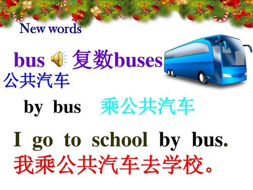 new words bus 公共汽车 复数buses by bus 乘公共汽车 i go to