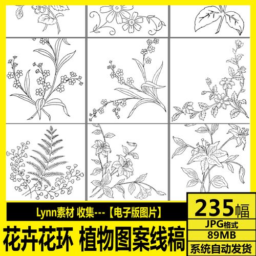 235 白描线稿 jpg 花卉花环 植物图案 平面设计 临摹插画打印素材