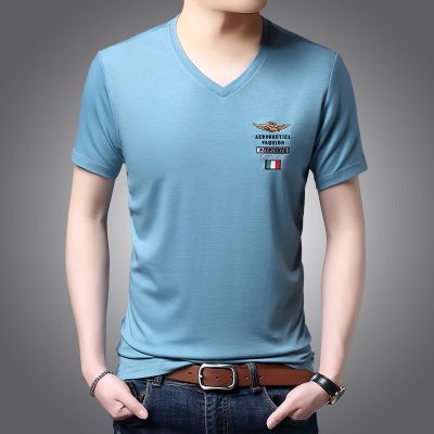 乔诺恩男士中青年绣花短袖t恤衫2020夏季短袖新韩版时尚v领短袖套