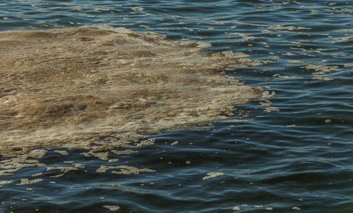 肮脏的海水.水上的污垢.海水表面脏油点因污水径流而受到污染.