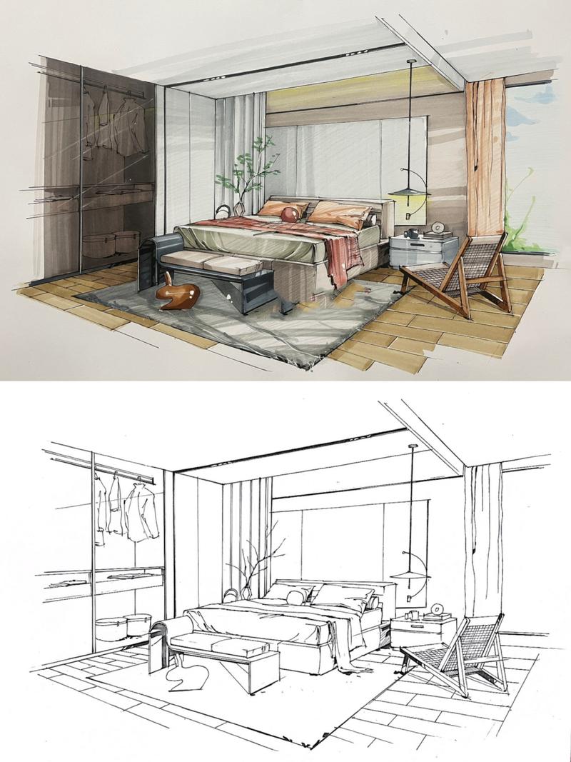 室内设计手绘效果图-卧室 马克笔7315:法卡勒一代 透视:两点透视