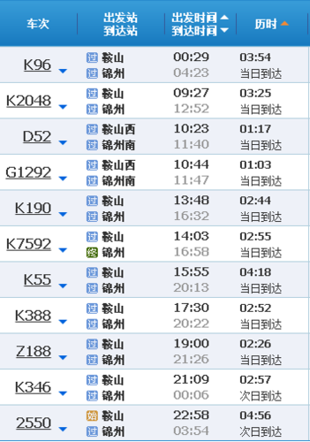 截止2016年11月,鞍山到锦州火车时刻表