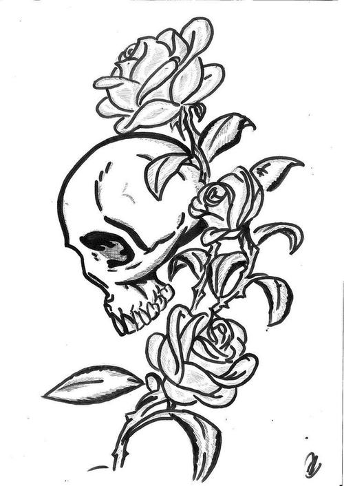 黑色的玫瑰花和骷髅头的简单线条纹身手稿素材