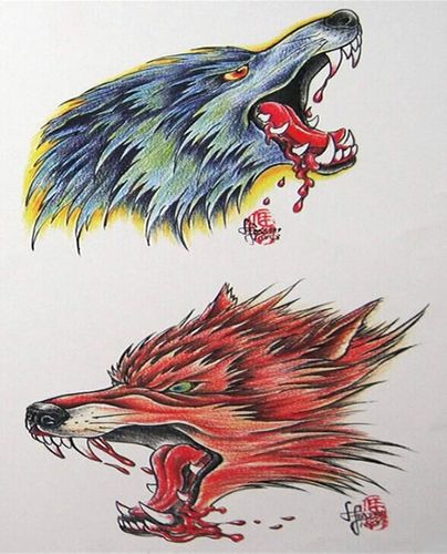 十分狂野的滴血狼头纹身手稿欣赏图片