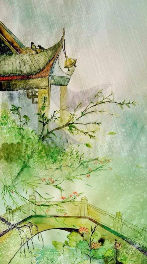 清新水彩画 手绘 雨中 植物 意境 清新淡雅 唯美插画