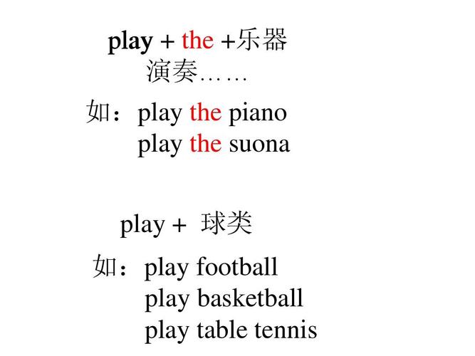 play   the  乐器 演奏…… 如:play the piano play the suona play