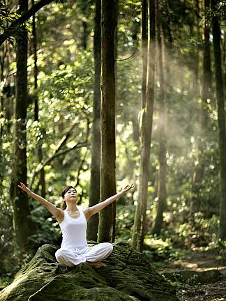 自然瑜伽户外活 i>动 /i>女性健康 i>的 /i>生活方式锻炼森林一个 i>