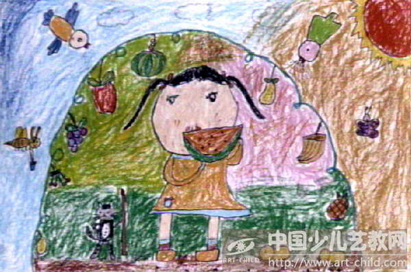 儿童画-快来吃水果-《少儿画苑》第08届国际少儿书画大赛获奖作品