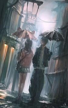 街道擦肩而过雨天手绘唯美