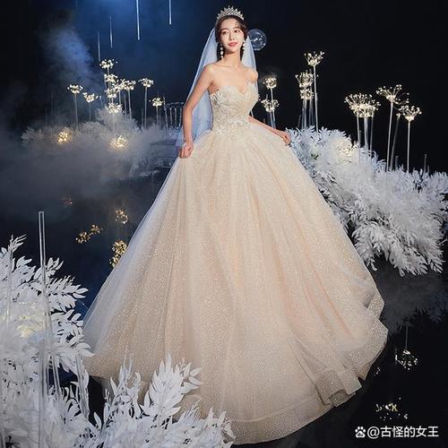 简约梦幻韩式主婚纱香槟色拖尾新娘婚纱