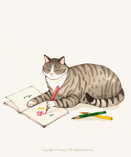 猫咪 水彩 gracej插画