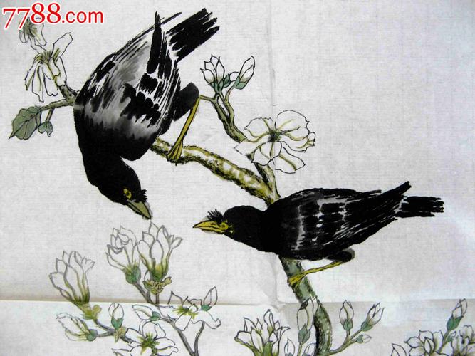 北京老画家清秀文俊的三尺斗方写意花鸟画《玉兰八哥》