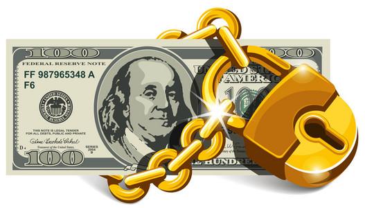 安全和投资的钱车的关键带有美元符号的绿色按钮链与词债务.