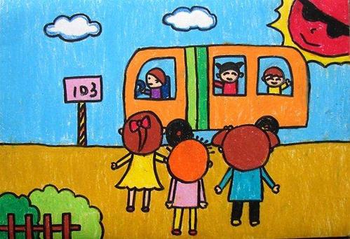 开学的第一天儿童画-背书包上学校