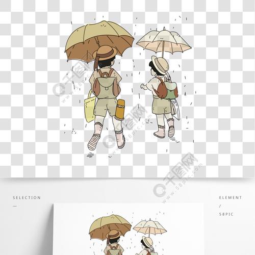 背着书包下雨撑伞的小孩