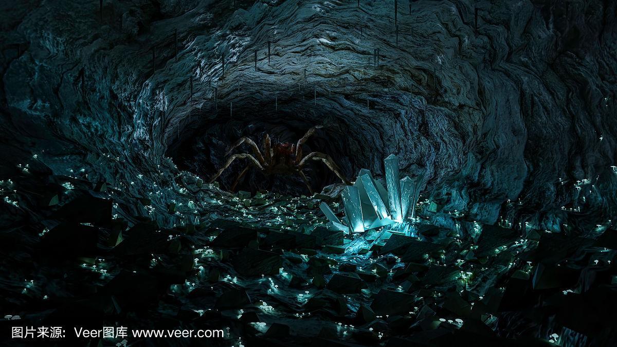 一个巨大的蜘蛛在一个深深的黑暗的洞穴里,充满了发光的蘑菇和水晶.