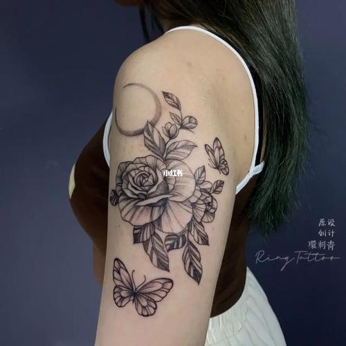 女生手臂纹身7415素花玫瑰与蝴蝶