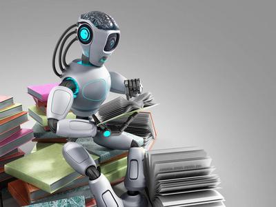 现代零件智能机器人的概念是读书坐在一堆 books3d 渲染灰色照片