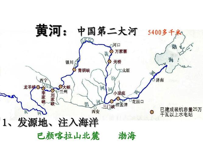 黄河: 中国第二大河 5400多千米 1,发源地,注入海洋 巴颜喀拉山北麓