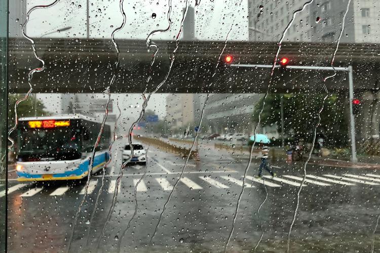 坐在公交车上,不知为啥喜欢透过挂满水珠的车窗看雨看景.