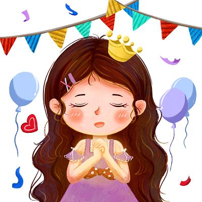 可爱小公主儿童节卡通人物创意元素生日聚会许愿祝福png素材