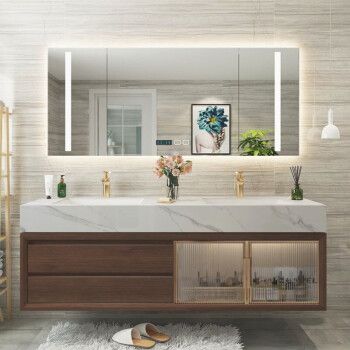 靡丽世家轻奢双盆新中式实木橡木玻璃门浴室柜岩板现代简约洗手盆1.