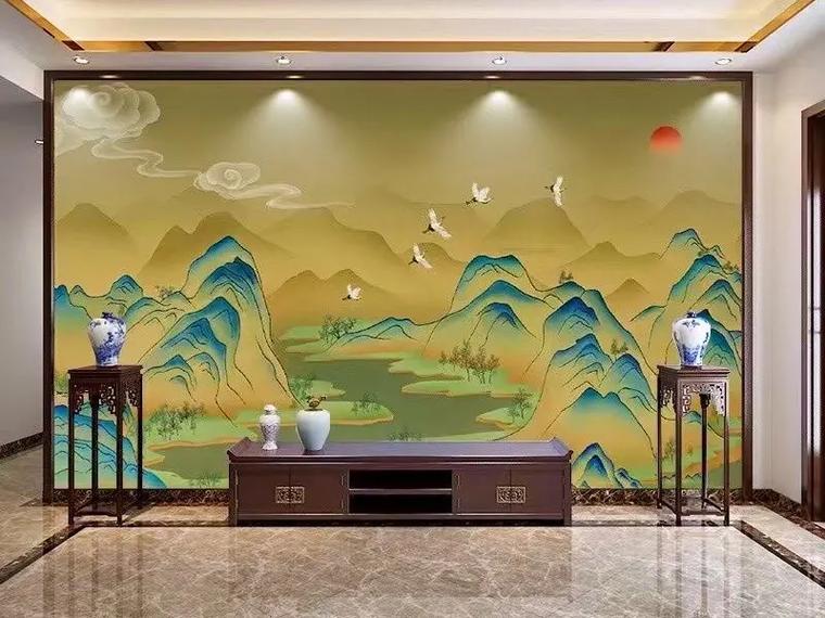 千里江山图壁纸新中式国电视背景茶室壁布#壁画背景墙效果图 # - 抖音