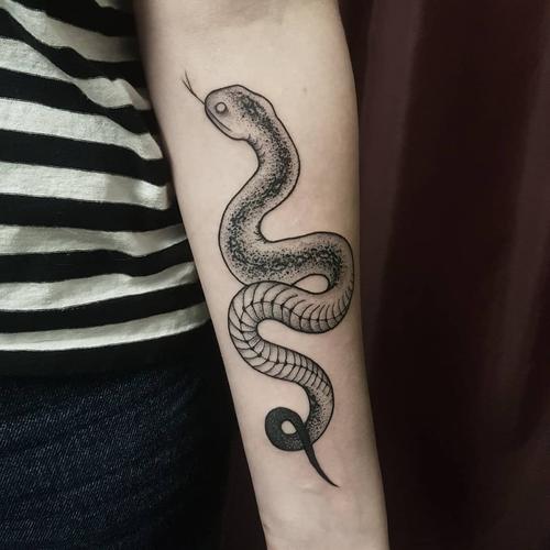 小臂黑灰蛇纹身图案
