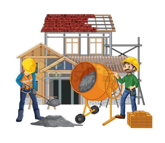 卡通建筑工人正在用搅拌机和混凝土盖房子8017529矢量图片免抠素材