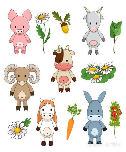 有趣的农场动物可爱的玩具牲畜儿童矢量剪贴画集牛驴羊马猪树枝草橡子