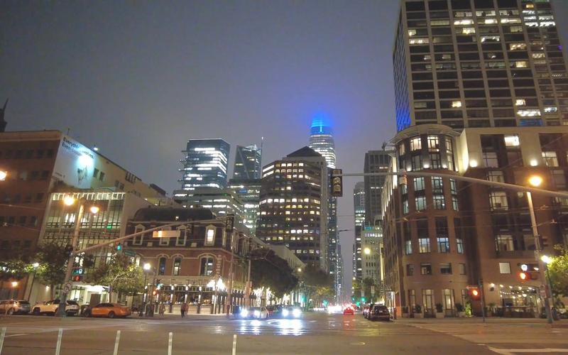旧金山城市内河码头街道夜晚散步 摩天大楼夜景灯光