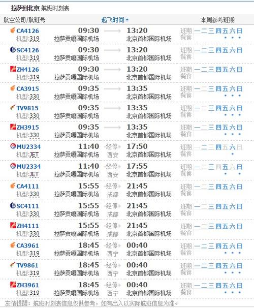 拉萨到北京飞机时刻表?