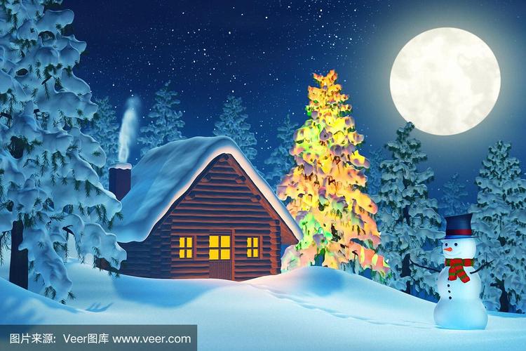 冬夜景观中的小屋,圣诞树和雪人