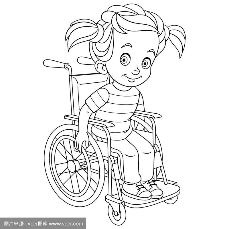 彩色页的卡通残疾女孩在轮椅上