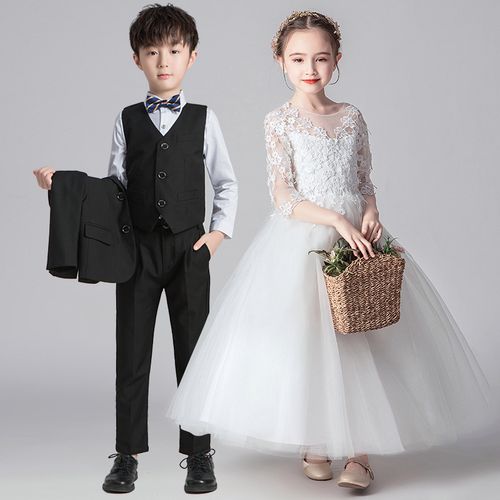 花童婚纱公主裙女童白色婚礼服儿童主持人男童套装小孩钢琴演出服