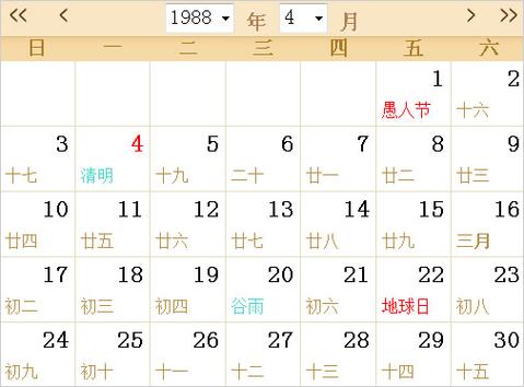 1988年农历阳历表日历表