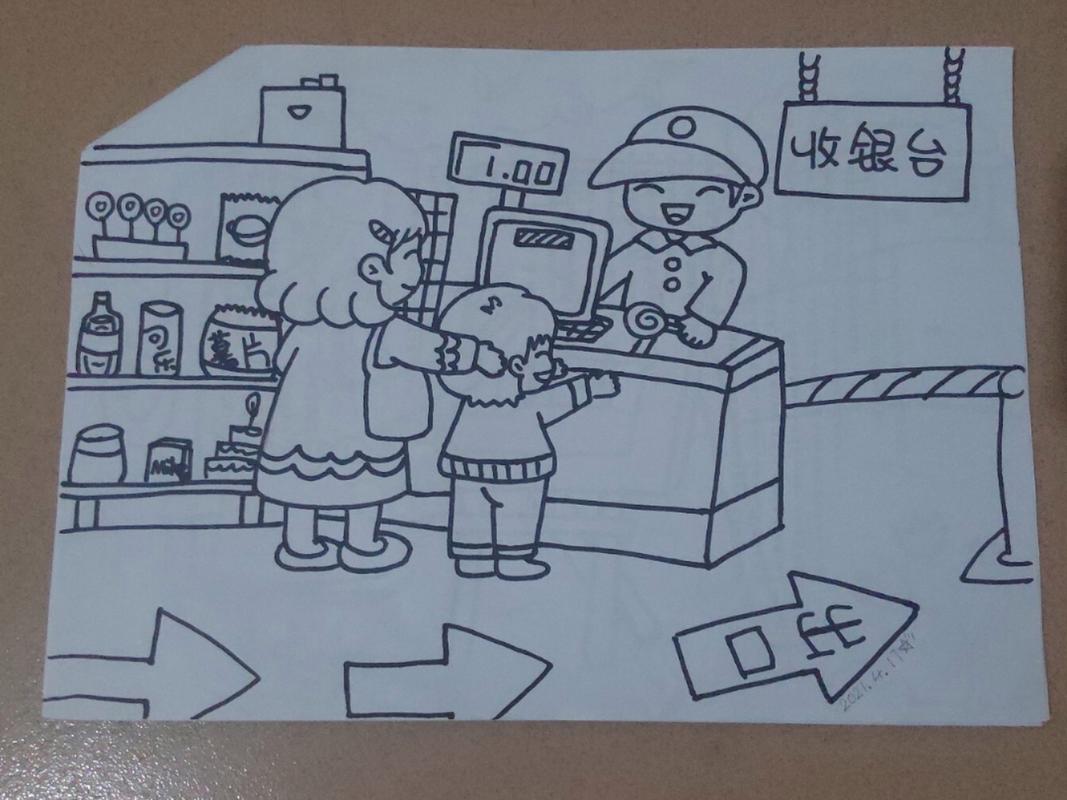 幼师手绘简笔画场景 简笔画画面讲述:我(小男孩96)和妈妈99去超市